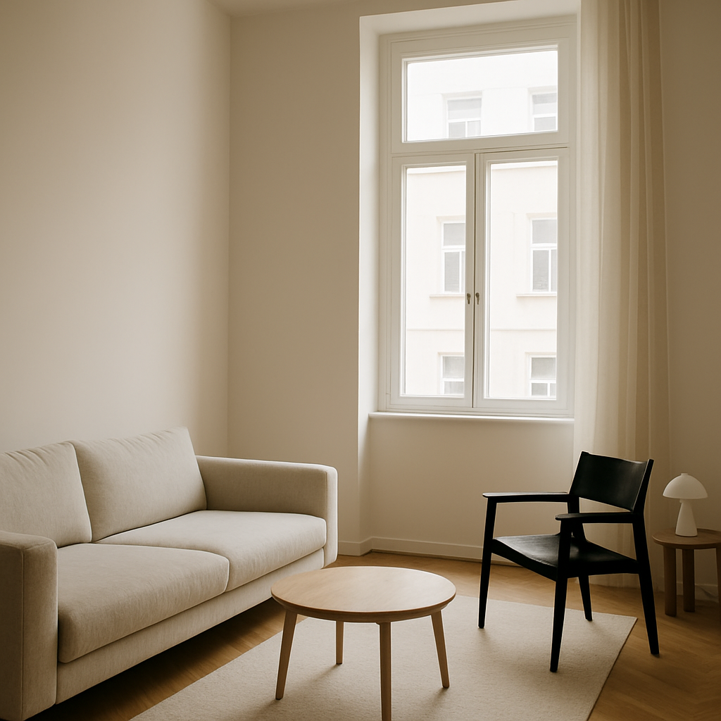 Hell gestrichenes Wohnzimmer mit sauberen Kanten